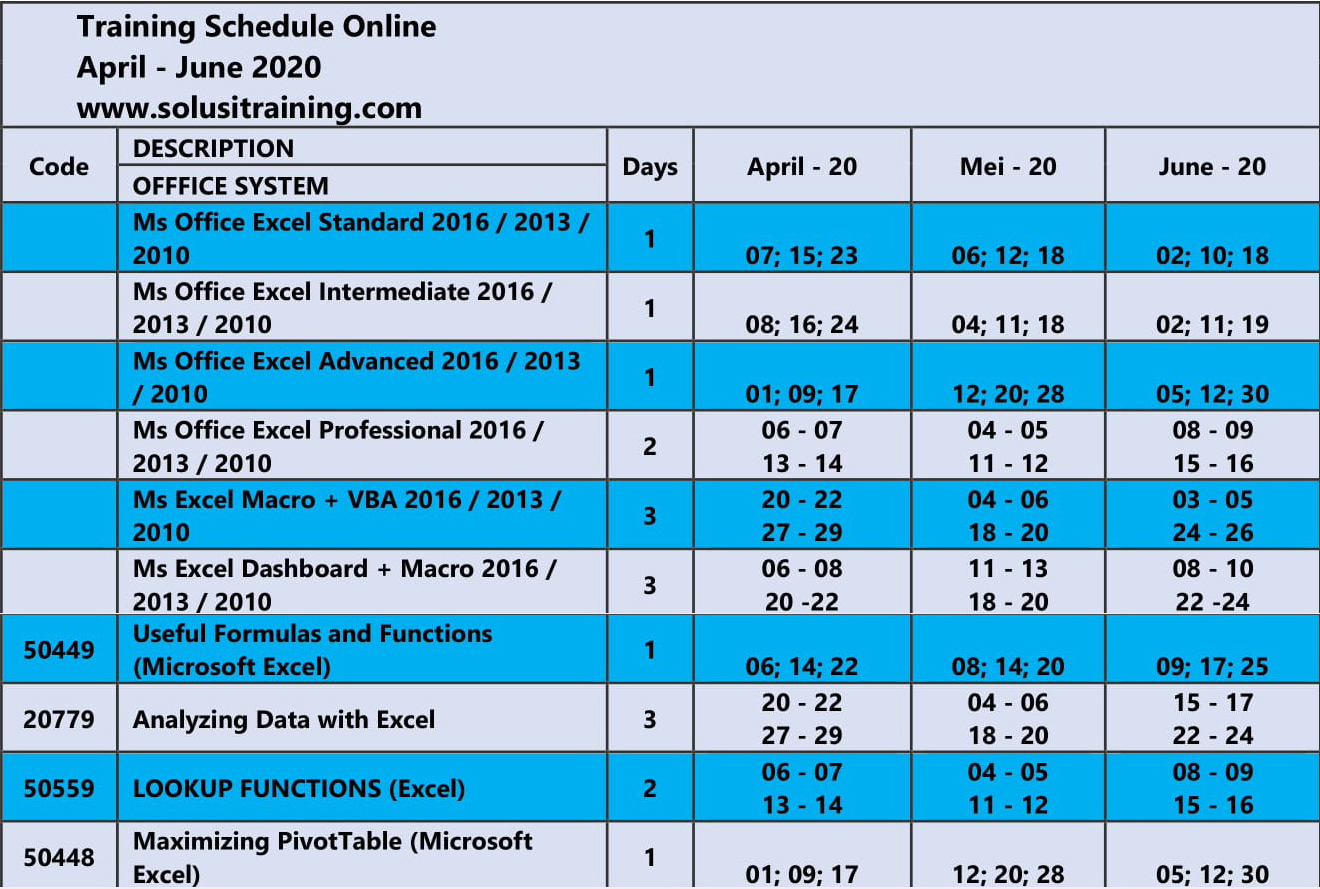 jadwal training excel online